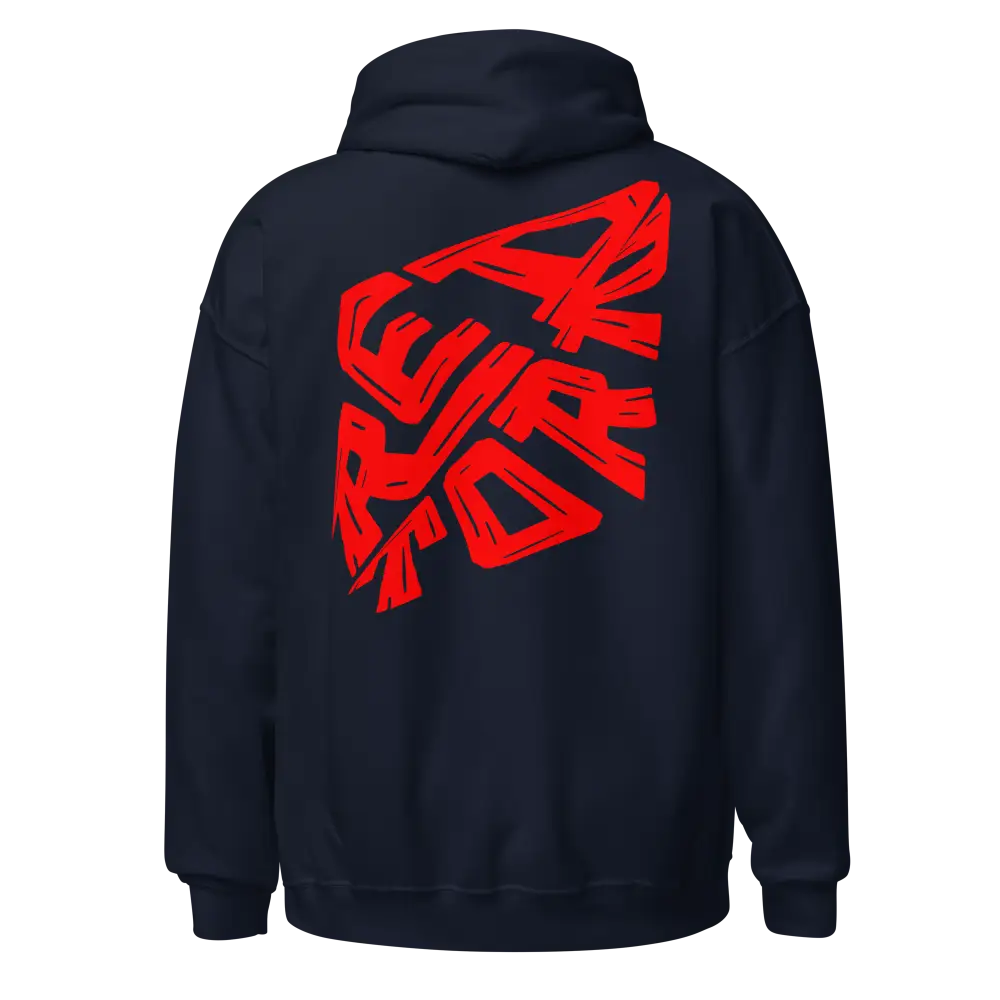 Navy blue premium unisex hoodie with red orange graphic, luxury streetwear