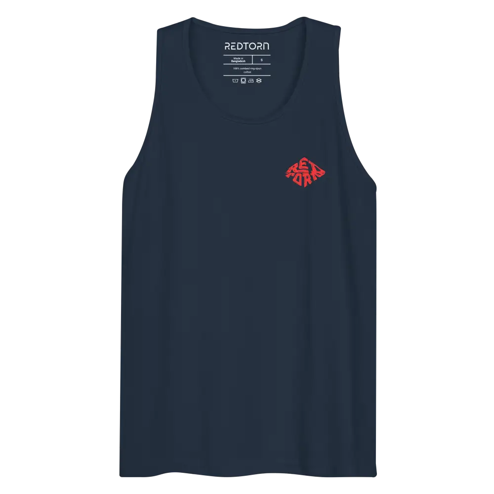 Navy blue premium tank top with red diamond aggressive graphic and Redtoar logo