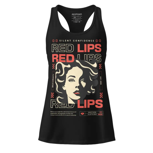 Red Lips Iconic Racerback Tank Top with black fabric and red lips design