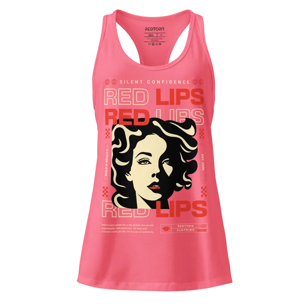 Red lips iconic sleek racerback tank with coral fabric, red lips graphic and black hair design in womens apparel