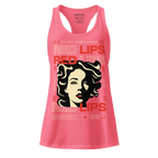 Red lips iconic sleek racerback tank with coral fabric, red lips graphic and black hair design in womens apparel