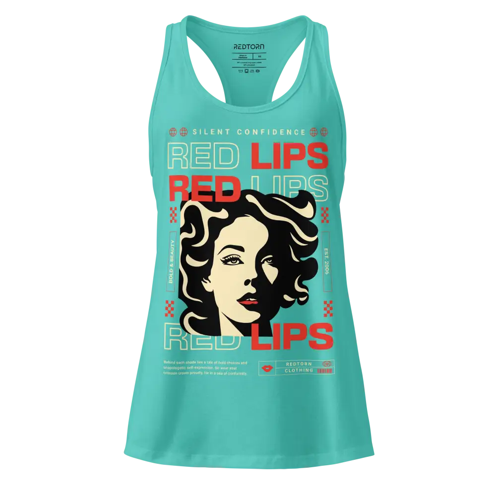 Red lips iconic sleek racerback tank in mint green with graphic design
