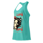 Red lips iconic sleek racerback tank in turquoise with graphic design