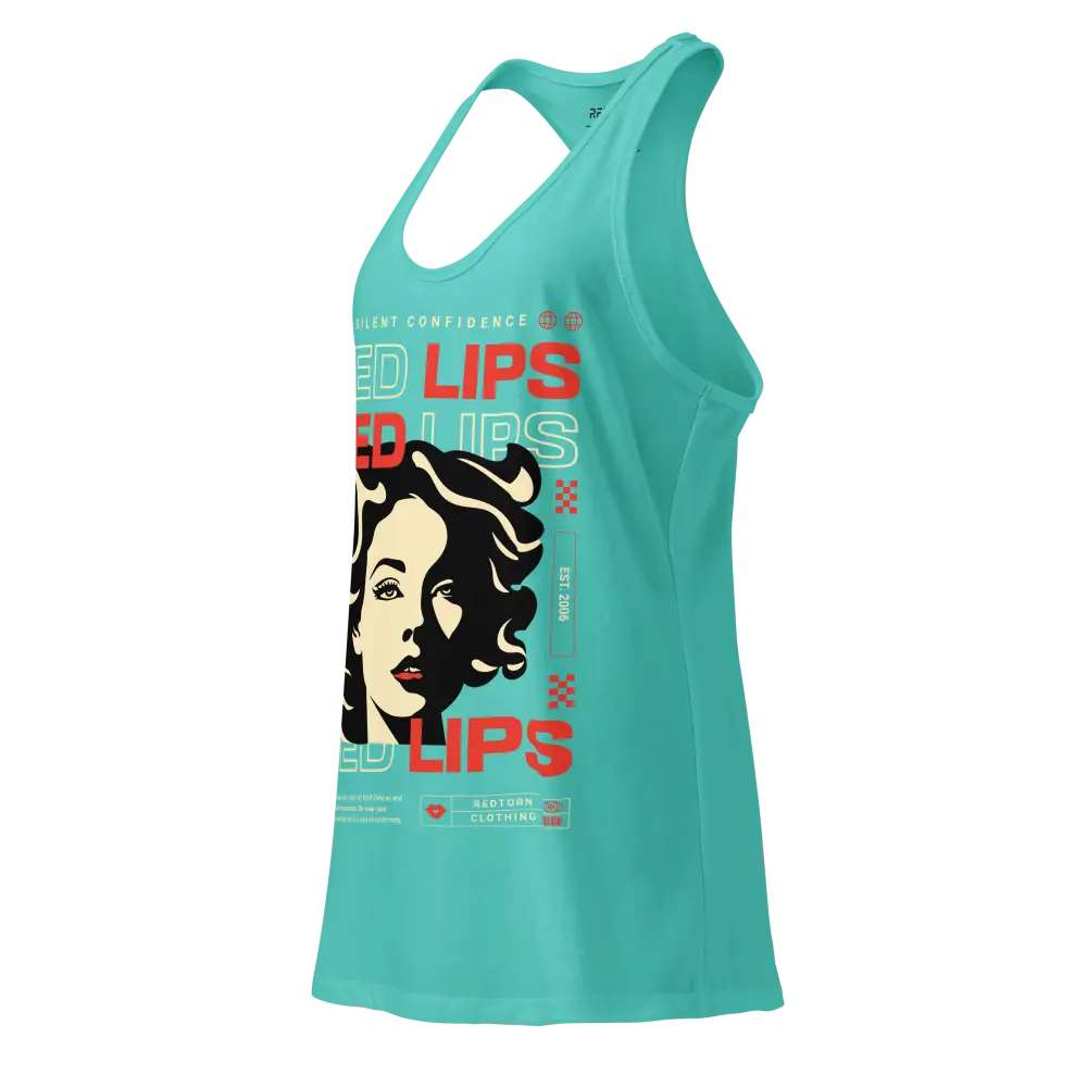 Red lips iconic sleek racerback tank in turquoise with graphic design