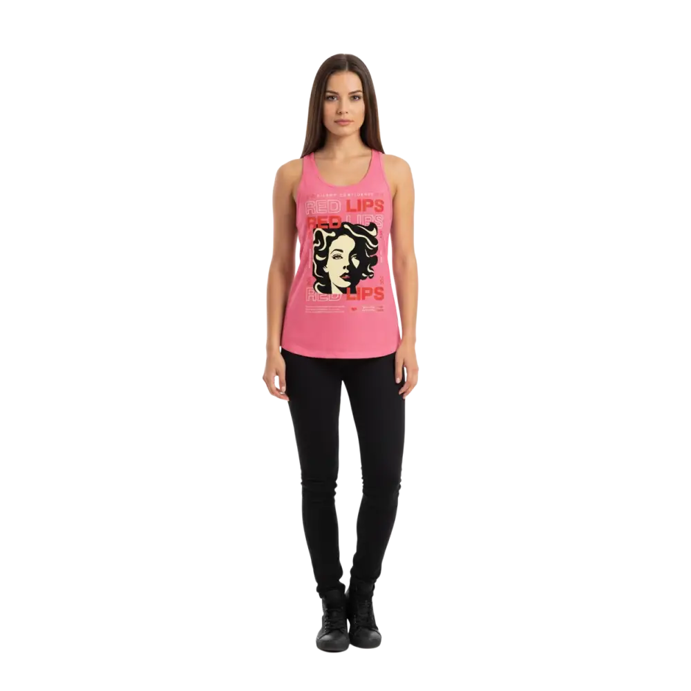 Pink red lips iconic sleek racerback tank with womans face illustration