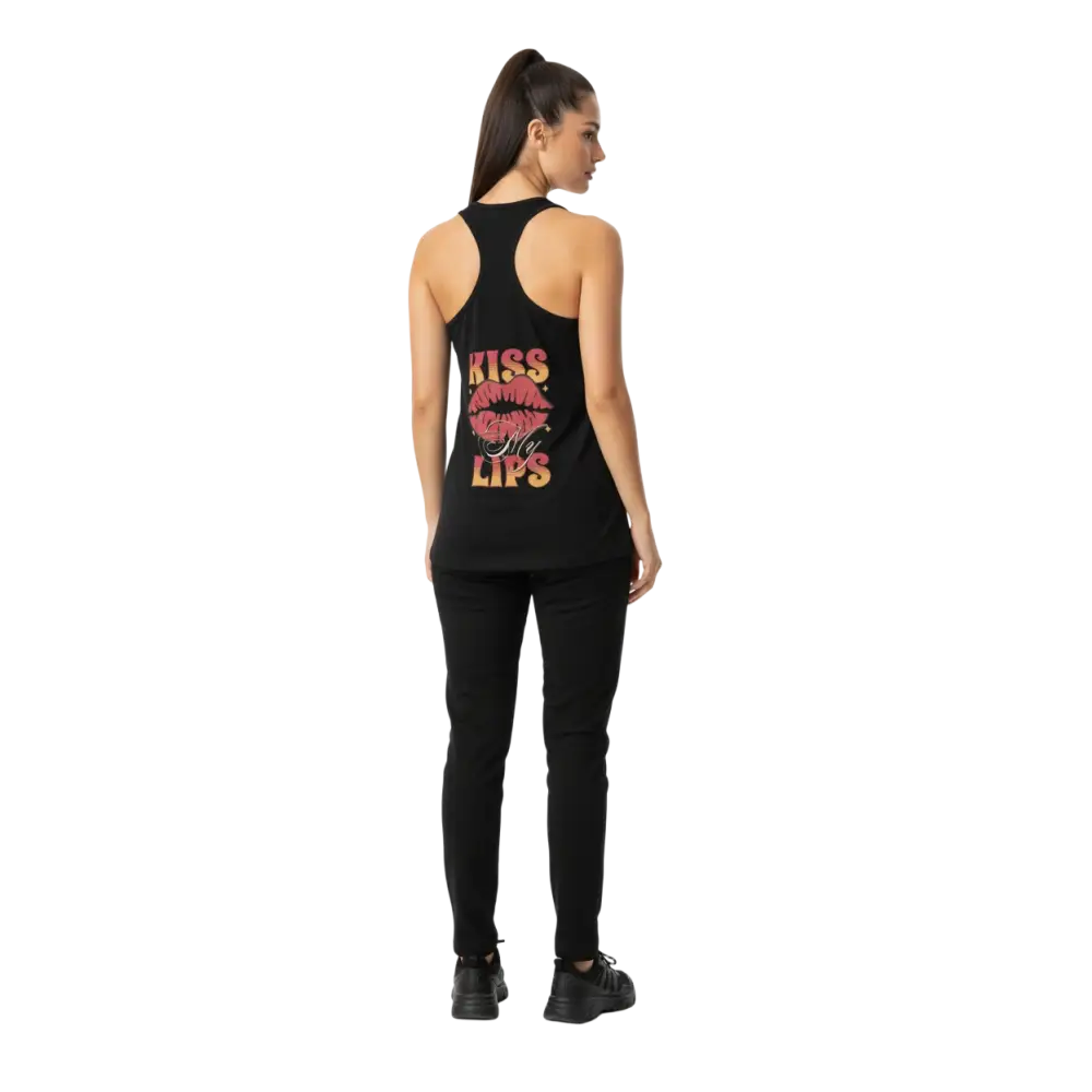 Sleek racerback tank in black with pink orange kiss big lips graphic