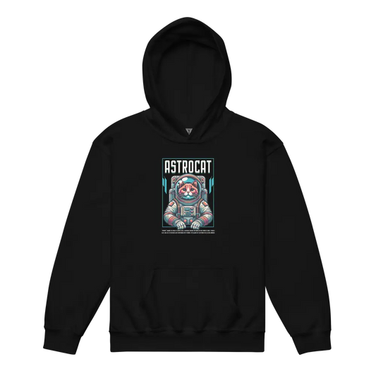 Black Astrocat Space Explorer Hoodie with colorful astronaut cat design