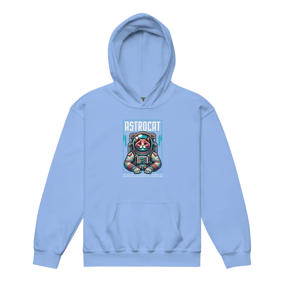 Light blue Astrocat kids hoodie with astronaut graphic and soft cotton fabric