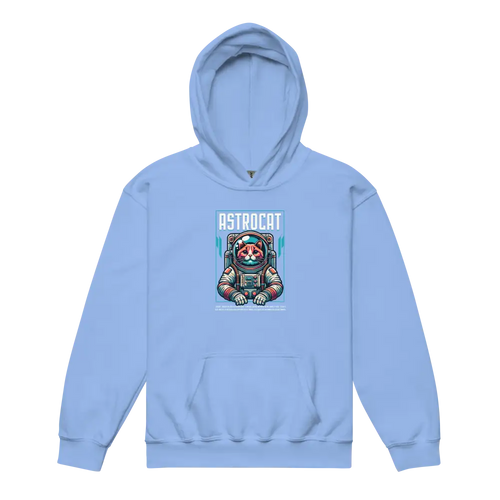 Light blue Astrocat kids hoodie with astronaut graphic and soft cotton fabric
