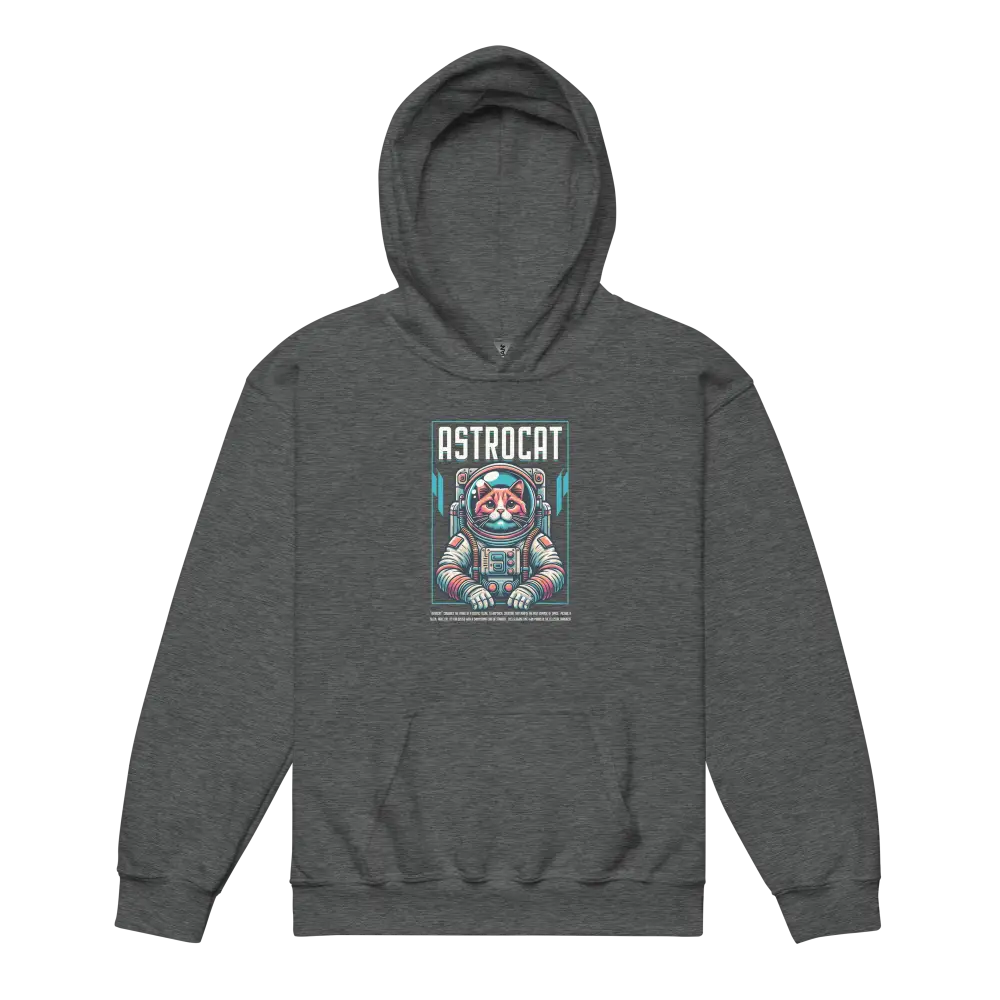 Astrocat Space Explorer kids hoodie with gray astronaut cat graphic