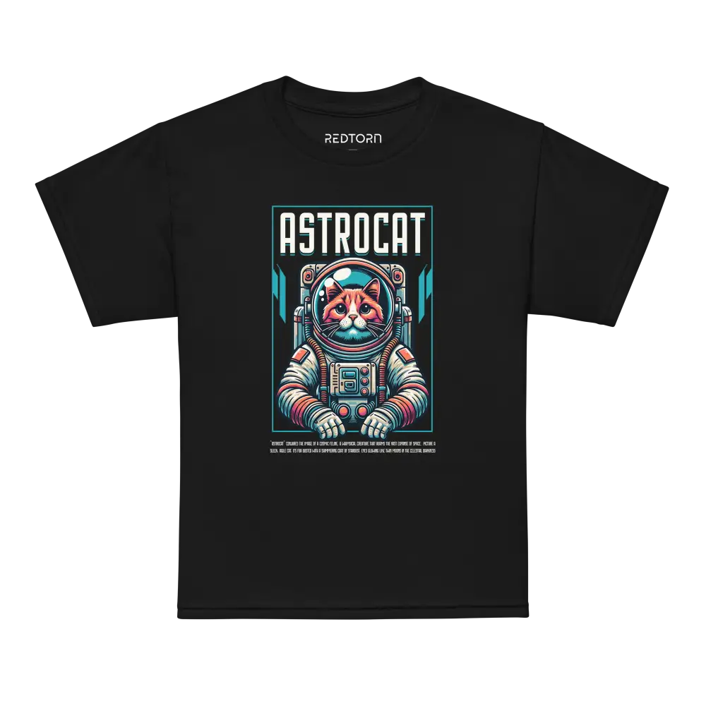 Black Astrocat Space Explorer T-Shirt with colorful cat design