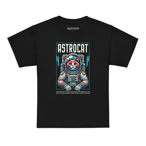Black Astrocat Space Explorer T-Shirt with colorful cat design