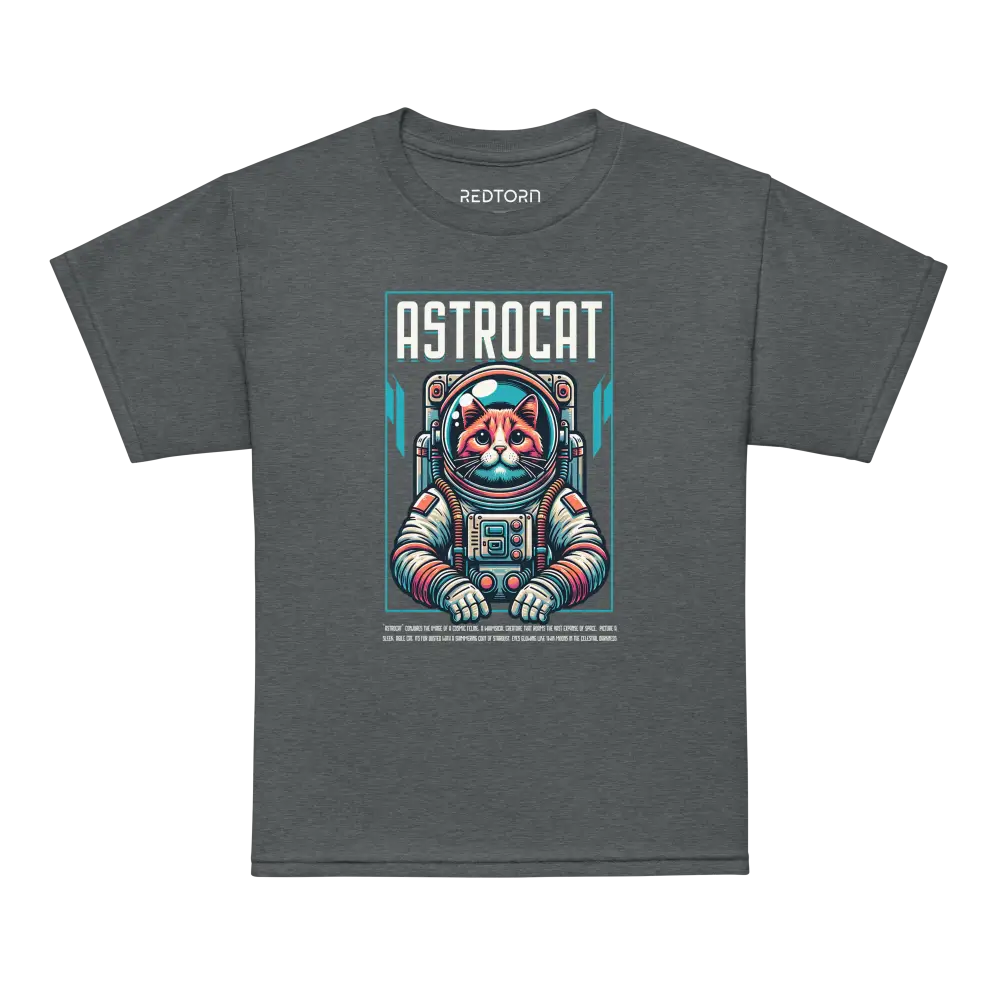 Charcoal gray Astrocat Space Explorer T-Shirt with colorful astronaut cat design