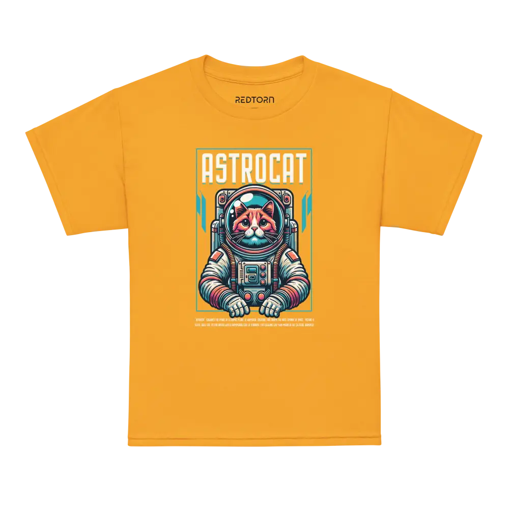 Astrocat Space Explorer T-Shirt: Yellow tee with astronaut cat in space suit