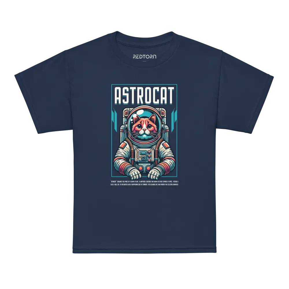 Astrocat Space Explorer T-Shirt in navy blue with colorful astronaut cat design