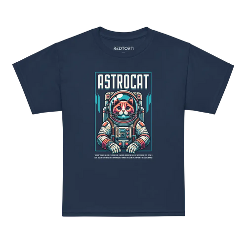 Astrocat Space Explorer T-Shirt in navy blue with colorful astronaut cat design