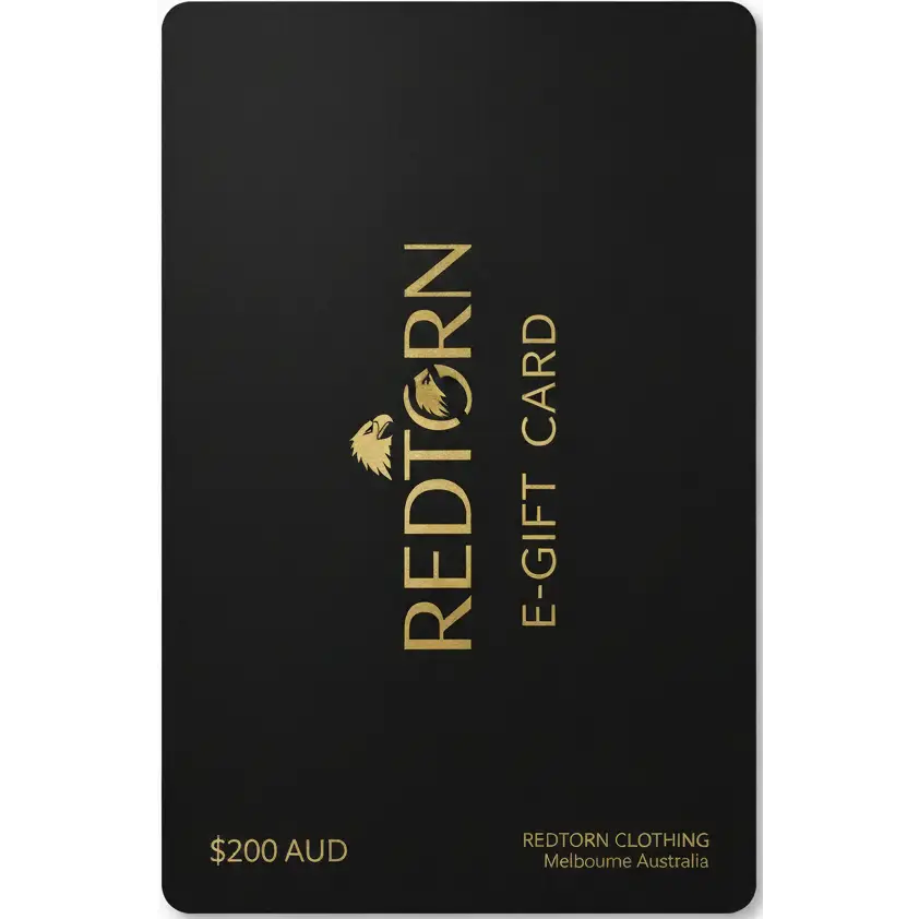 Redtorn Clothing E-Gift Card with black redtorn design and gold lettering