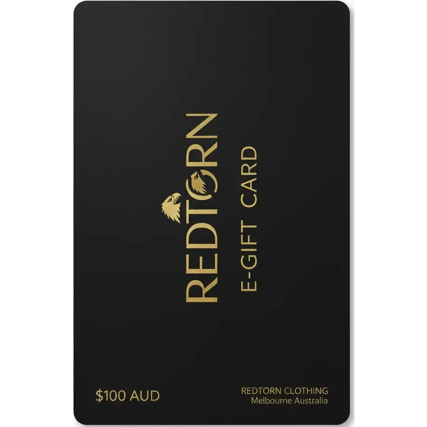 Redtorn clothing e-gift card with black design, gold lettering, and golden eagle logo