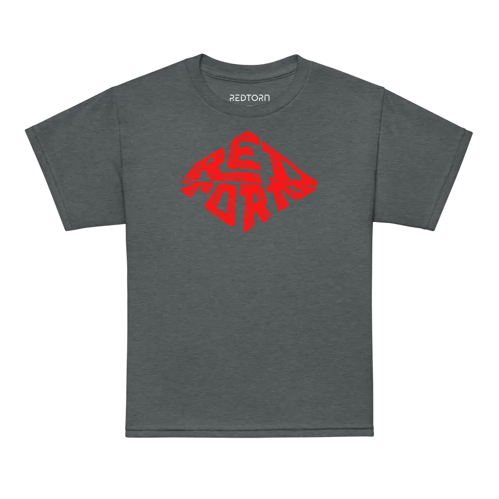Redtorn red diamond logo kids unisex tee with gray shirt and red graphic