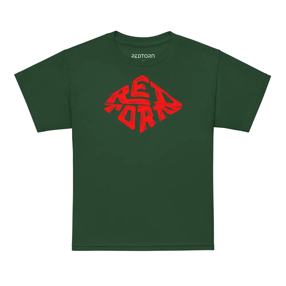 Redtorn red diamond logo kids unisex tee with green shirt and red graphic