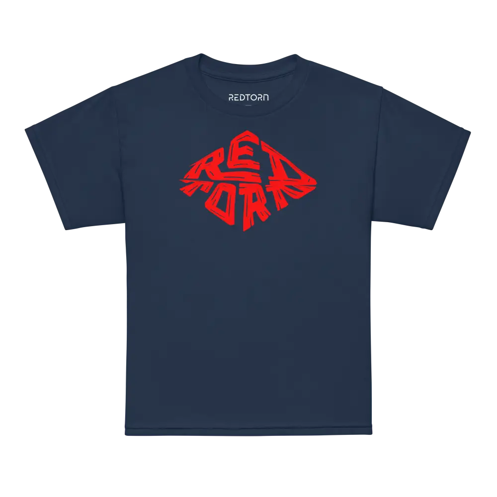 Navy blue kids unisex tee with red diamond logo, short sleeves and ribbed neckline