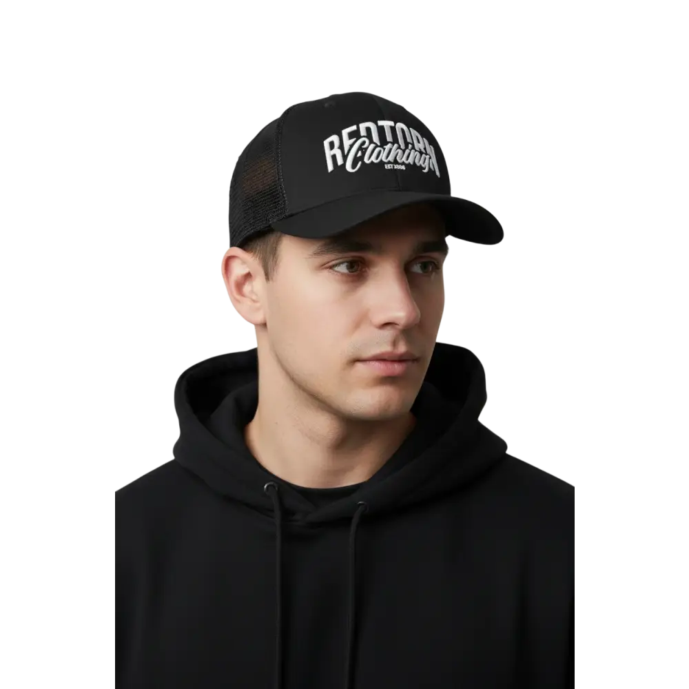 Black mesh trucker cap with white Redtorn embroidered logo and est 2016 unisex headwear