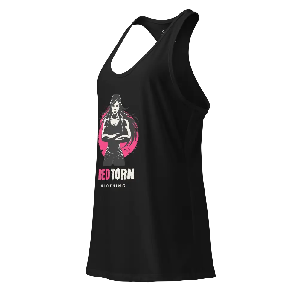 Power Stance women’s racerback tank with pink graphic and red torn clothing text