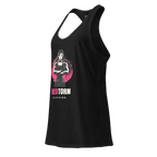 Power Stance women’s racerback tank with pink graphic and red torn clothing text