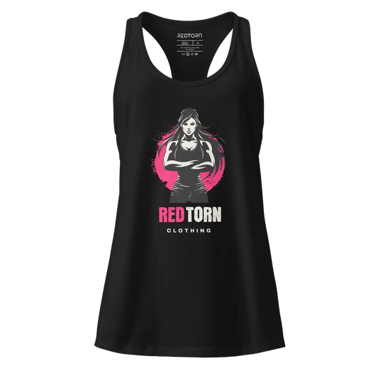Fierce femme racerback tank with black fabric, pink graphic, and Redtorn text