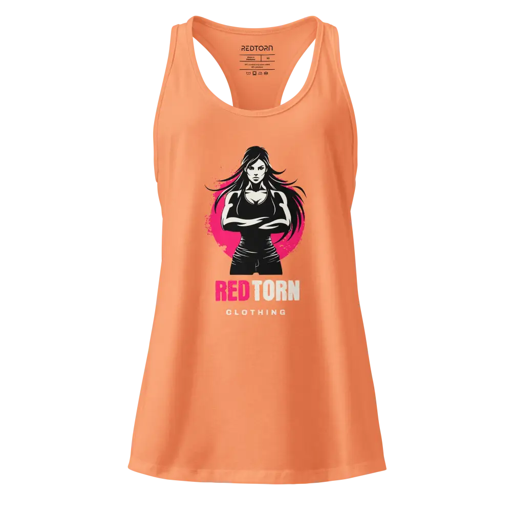 Power Stance racerback tank: orange women’s apparel with woman graphic and Redtorn brand