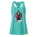 Turquoise Power Stance racerback tank with woman graphic in black and pink, red torn clothing branding