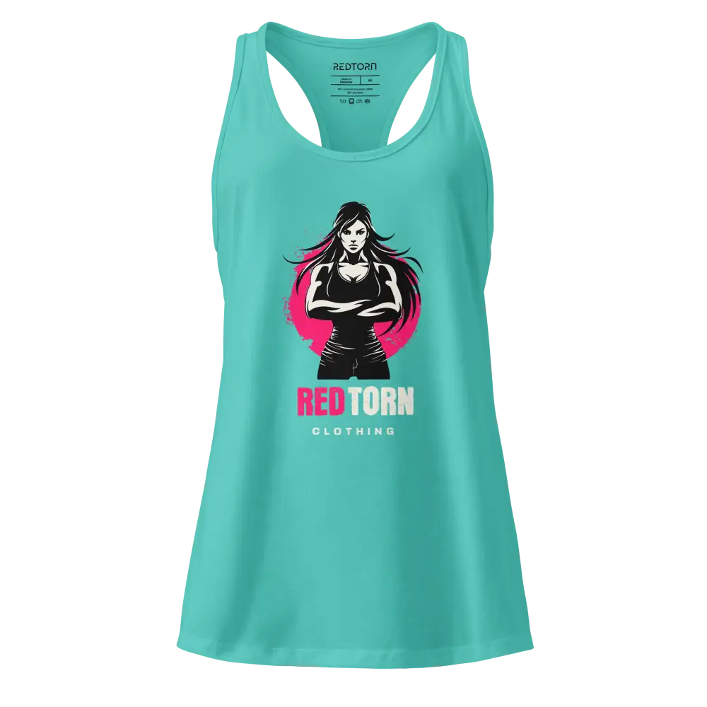 Turquoise Power Stance racerback tank with woman graphic in black and pink, red torn clothing branding