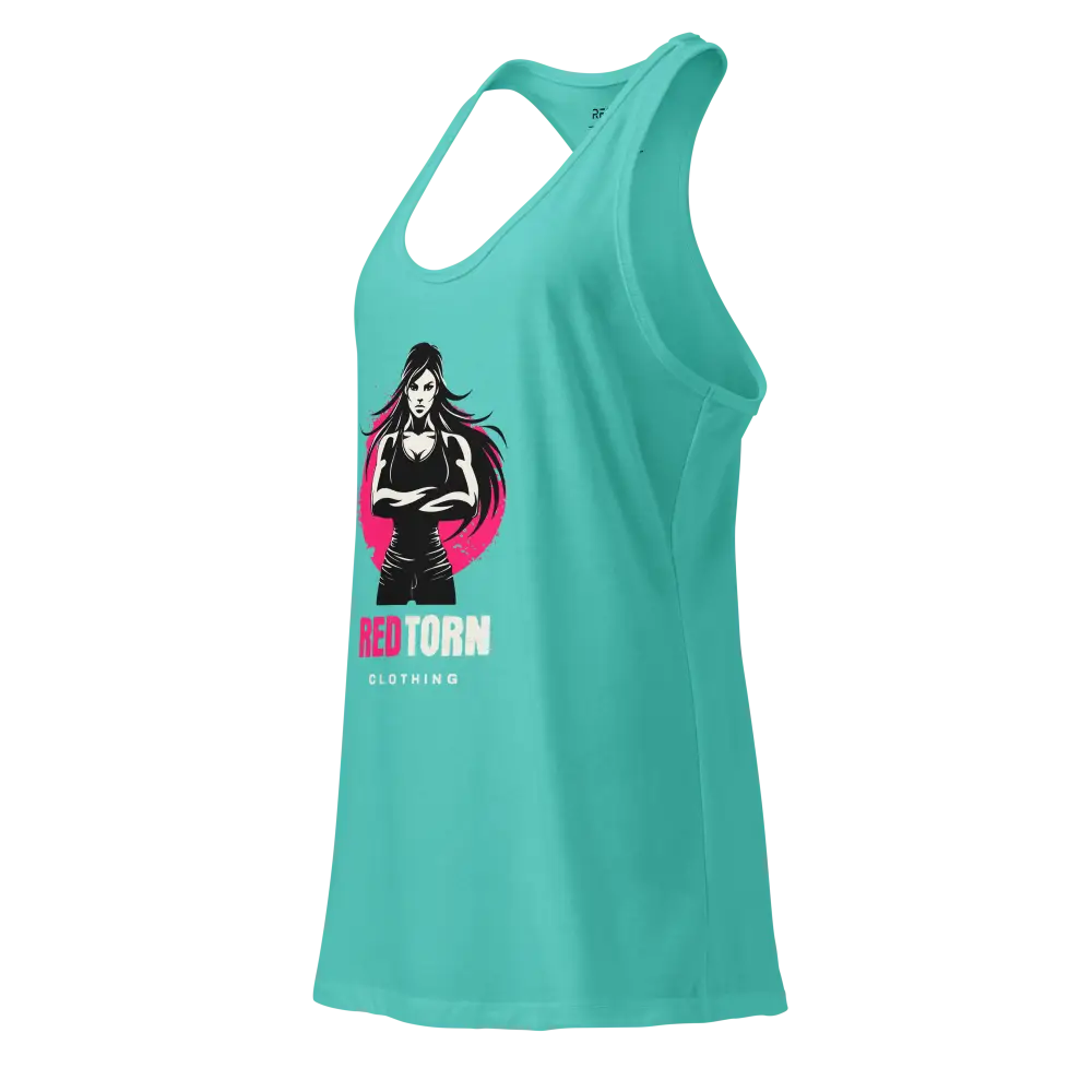 Power stance racerback tank in turquoise with red torn graphic for women’s apparel