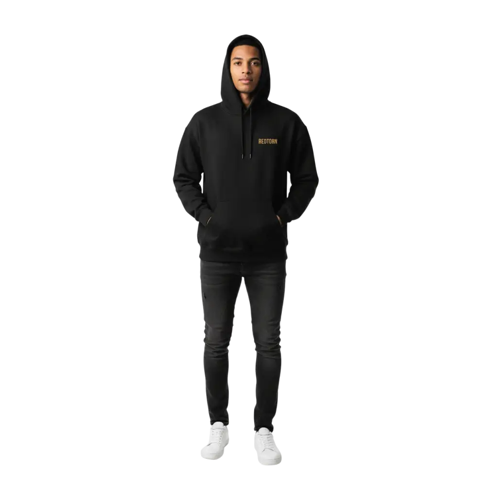 Black hooded unisex adult hoodie with Redtown gold branding and Flying with Freedom design