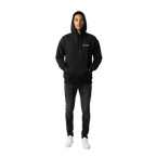 Black hooded unisex adult hoodie with Redtown gold branding and Flying with Freedom design