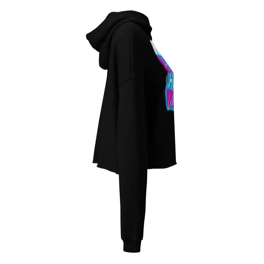 Women’s crop hoodie with black fabric and glitch logo design on back