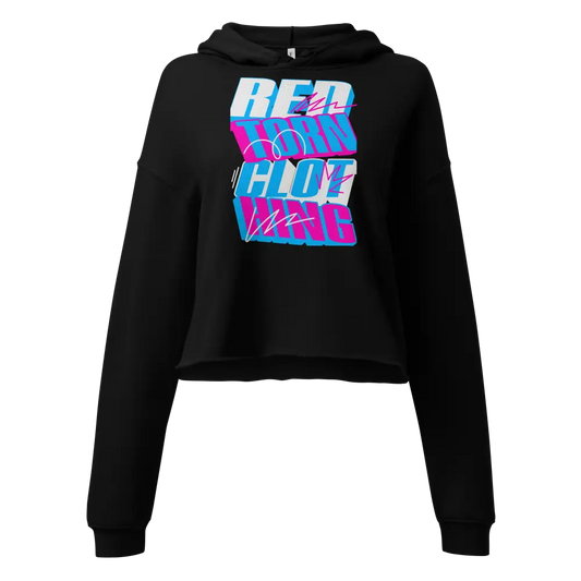 Redtorn Glitch Logo women’s crop hoodie in black with neon pink and blue text