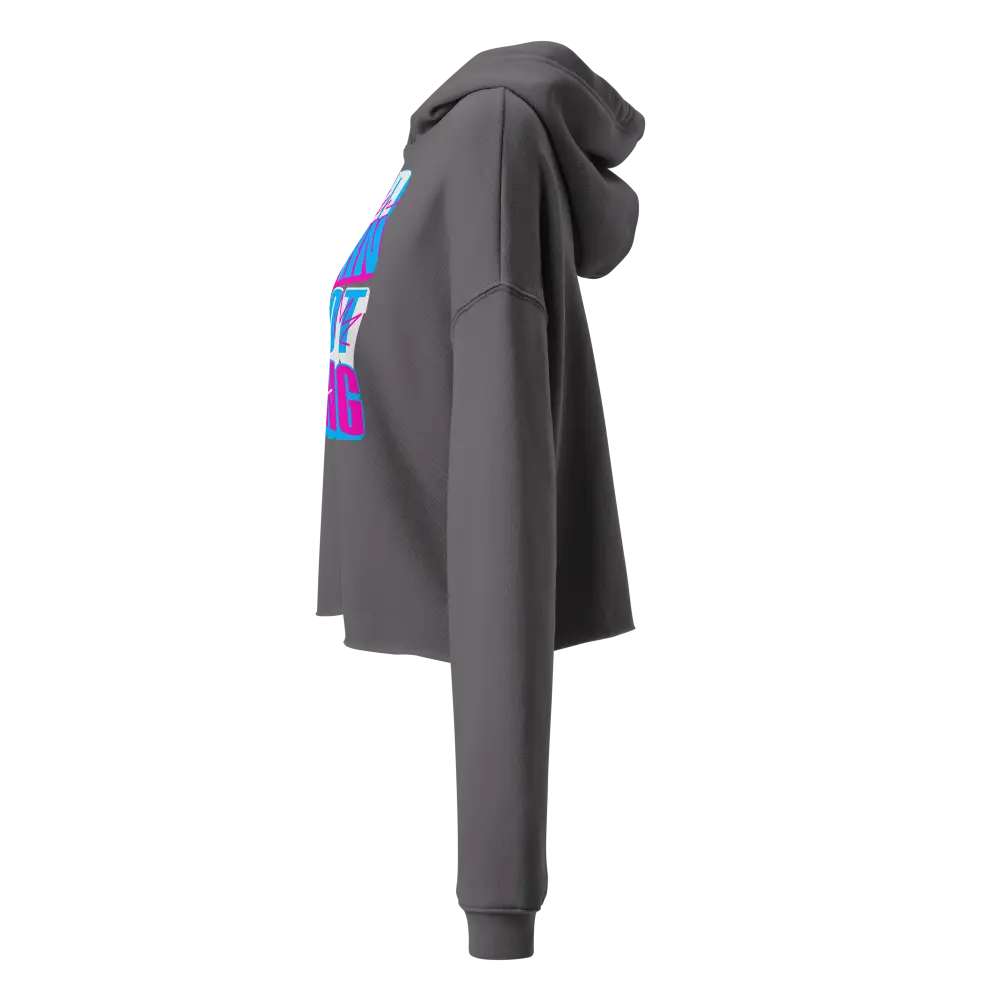 Charcoal gray women’s crop hoodie with vibrant pink and blue glitch logo design