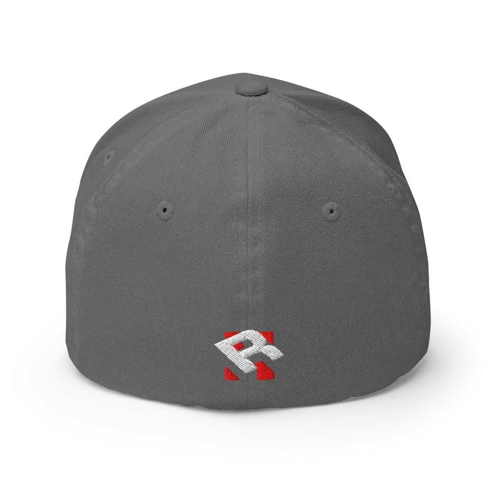 Gray Hustle Hard flexi fit baseball cap with red and white logo