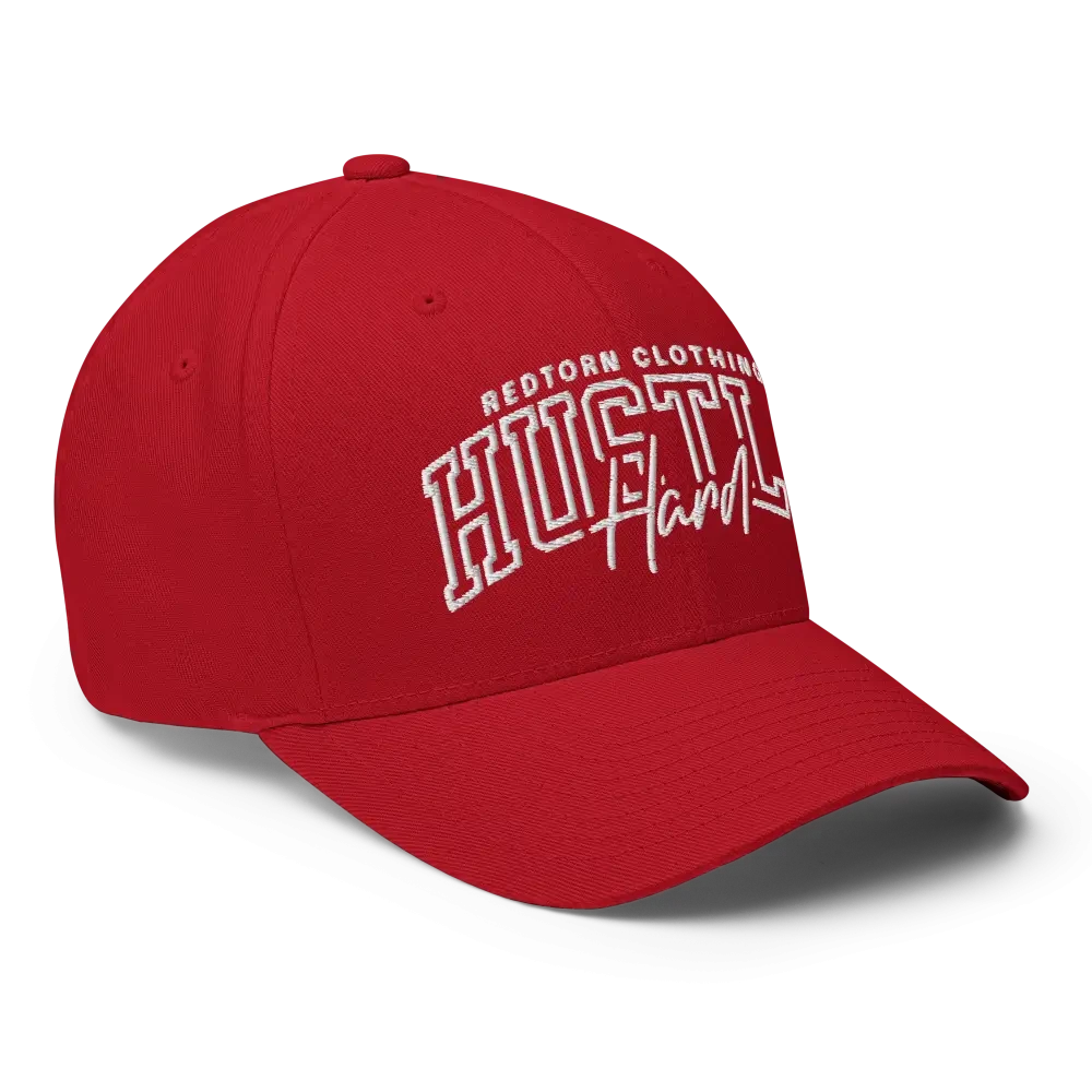 Hustle Hard flexi fit baseball cap with red torn clothing text