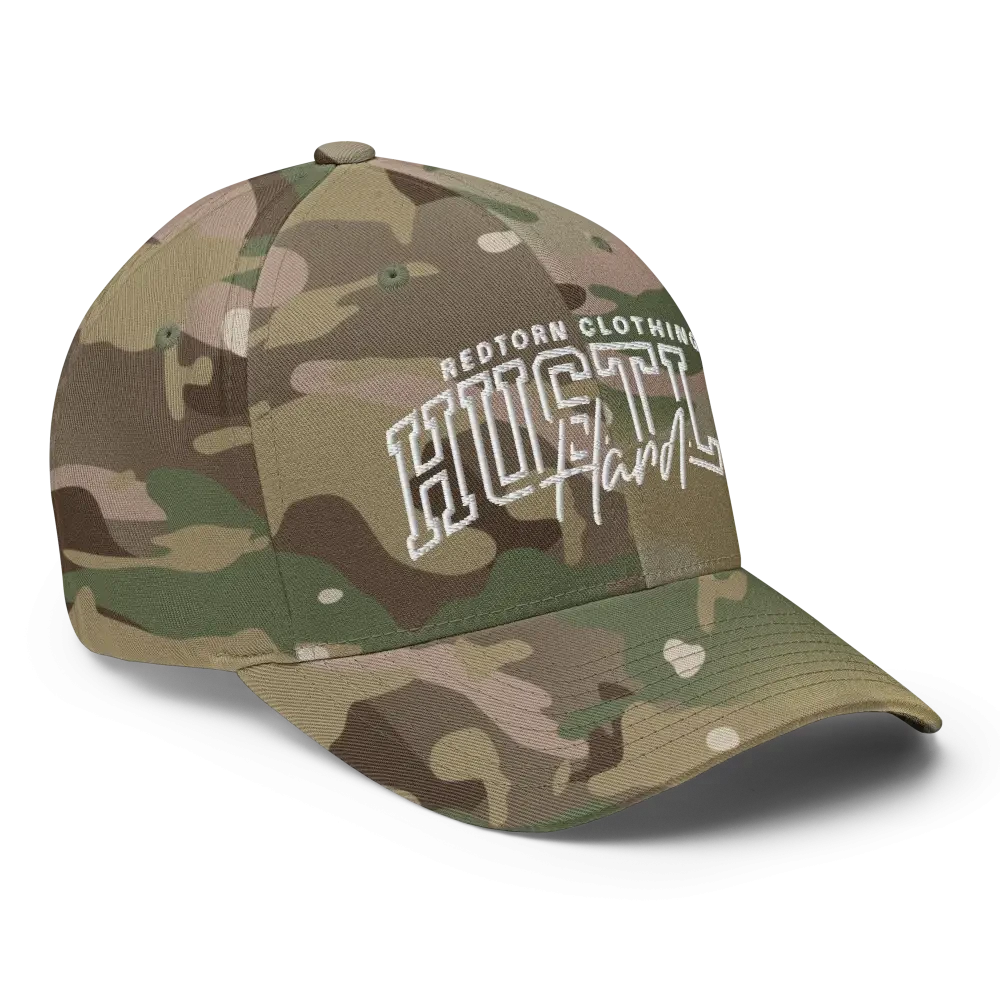 Hustle Hard flexi fit baseball cap with camouflage design and white text