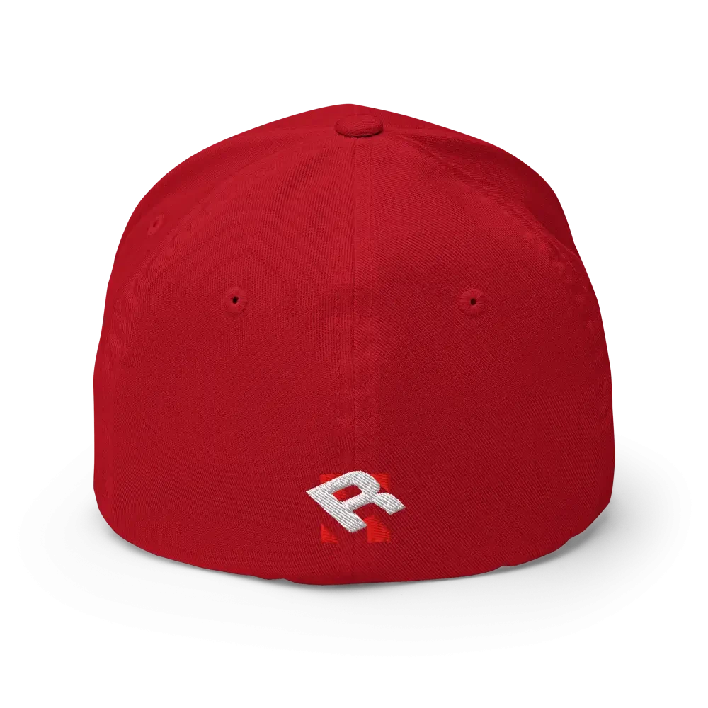 Red Hustle Hard flexi fit baseball cap with white r logo