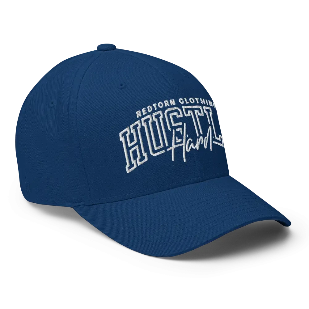 Royal blue Hustle Hard flexi fit baseball cap with white design