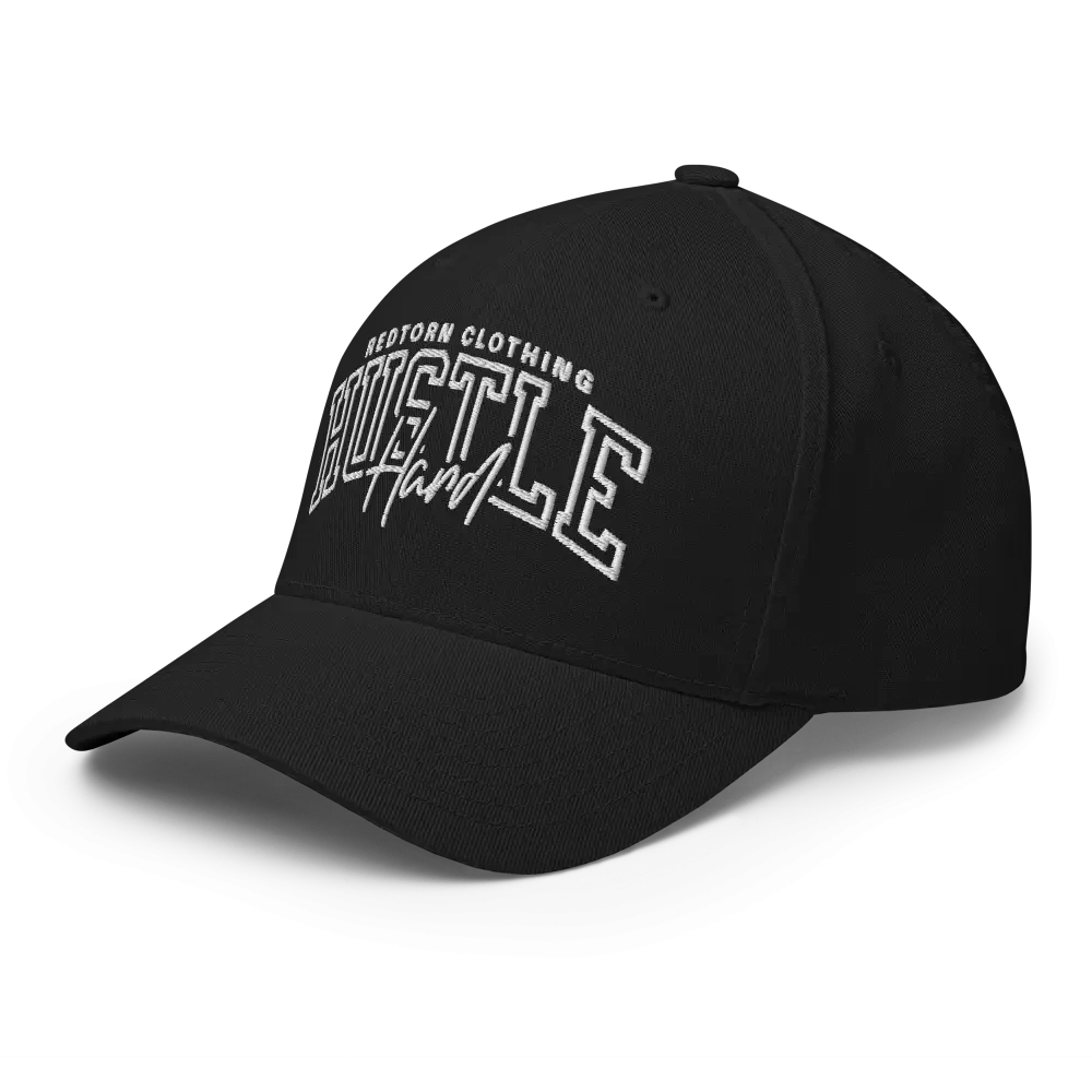Black Hustle Hard flexi fit baseball cap with white text and logo