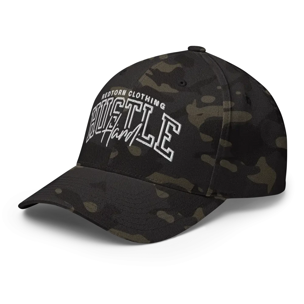 Hustle Hard flexi fit baseball cap with camo design and white text, unisex headwear
