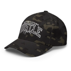 Hustle Hard flexi fit baseball cap with camo design and white text, unisex headwear