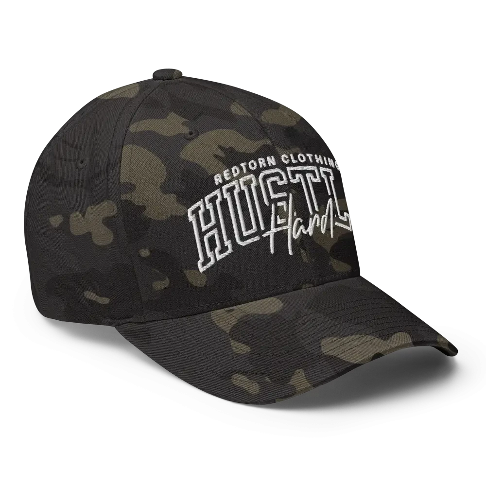 Hustle Hard flexi fit baseball cap with white logo on camo fabric by Redtorn