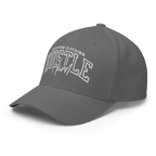 Charcoal gray Hustle Hard flexi fit baseball cap with white design