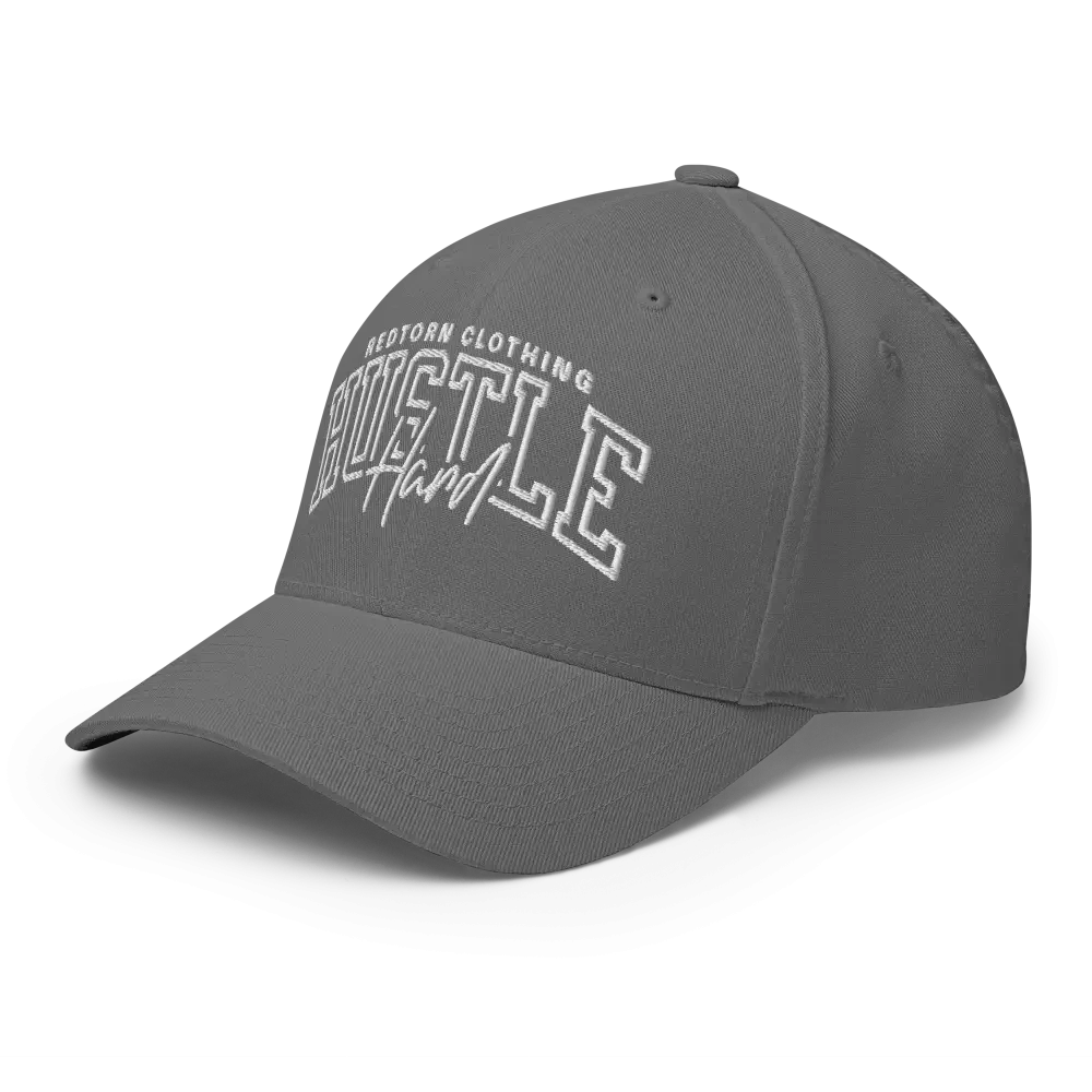 Charcoal gray Hustle Hard flexi fit baseball cap with white design