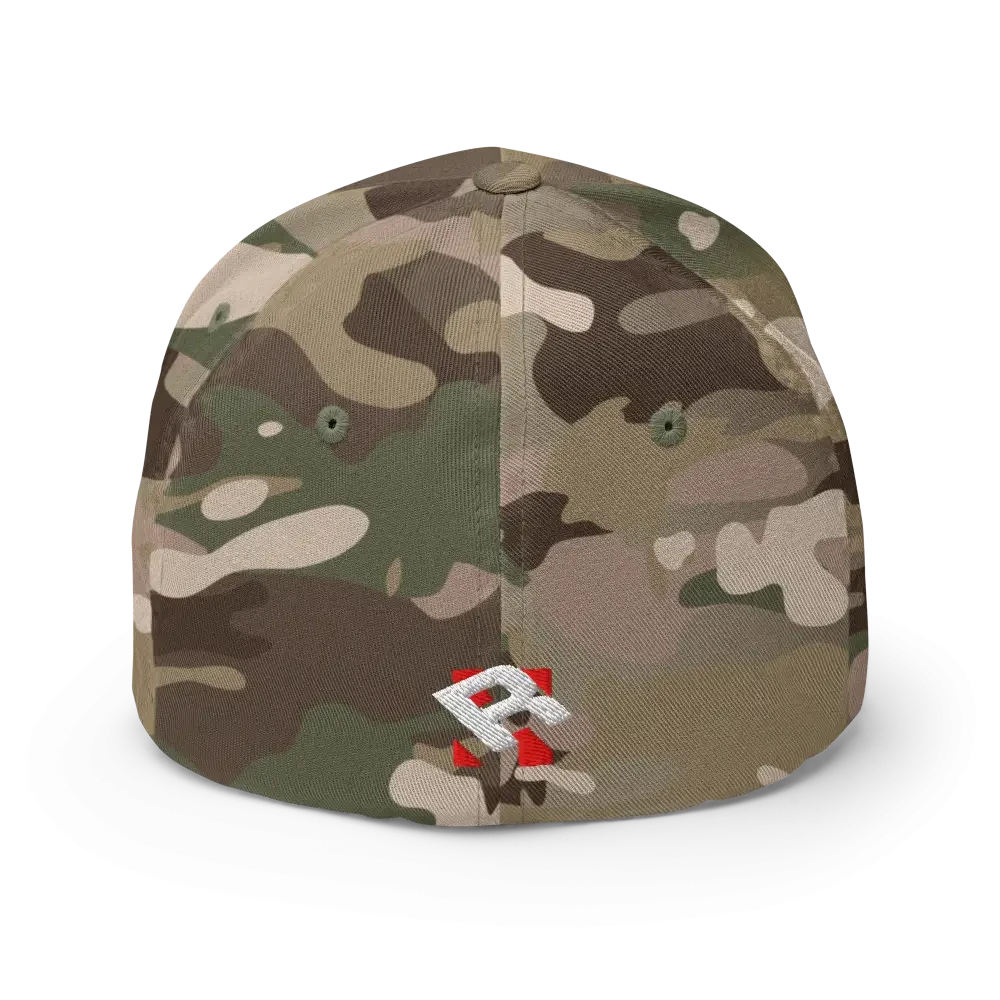 Hustle Hard flexi fit baseball cap with camouflage and red r logo
